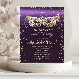 Masquerade Gold Diamonds Paars Sweet 16 Uitnodiging Briefkaart