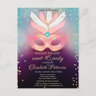 Masquerade Gold Diamonds, Roze Masque Sweet 16 Uitnodiging Briefkaart