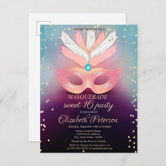 Masquerade Gold Diamonds, Roze Masque Sweet 16 Uitnodiging Briefkaart (Voorkant / Achterkant)