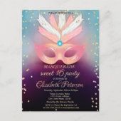Masquerade Gold Diamonds, Roze Masque Sweet 16 Uitnodiging Briefkaart (Voorkant)