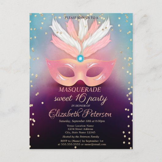Masquerade Gold Diamonds, Roze Masque Sweet 16 Uitnodiging Briefkaart (Voorkant)