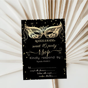 Masquerade Gold Diamonds Sweet 16 RSVP Kaart