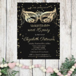 Masquerade Gold Diamonds Sweet 16 Uitnodiging Briefkaart<br><div class="desc">Gouddiamanten en masque op zwarte achtergrond.</div>