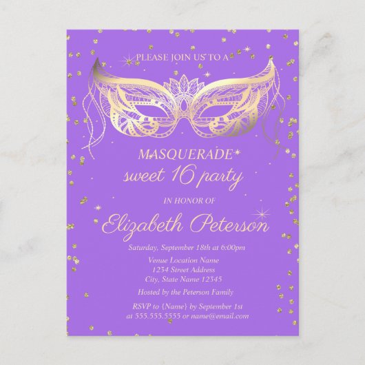Masquerade Gold Diamonds Violet Sweet 16 Uitnodiging Briefkaart (Voorkant)