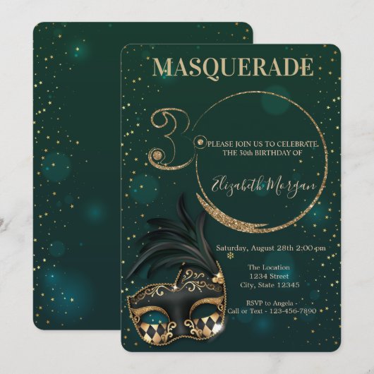 Masquerade Gold Glitter Green 30th Birthday Kaart (Voorkant / Achterkant)