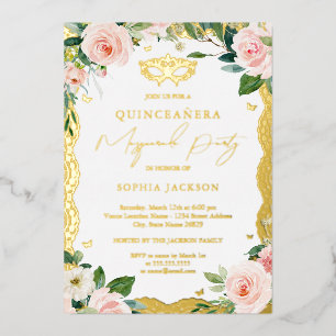 Masquerade Gold Lace Blush Floral Quinceanera Folie Uitnodiging