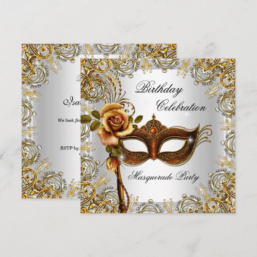 Masquerade Gold Mask Birthday Party Kaart (Voorkant / Achterkant)