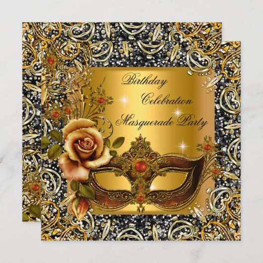 Masquerade Gold Mask Glitter Black Birthday Party Kaart (Voorkant / Achterkant)