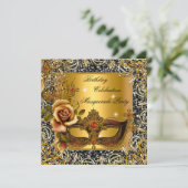 Masquerade Gold Mask Glitter Black Birthday Party Kaart (Staand voorkant)