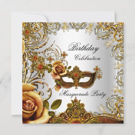 Masquerade Gold Mask Silver Birthday Party Kaart (Voorkant)