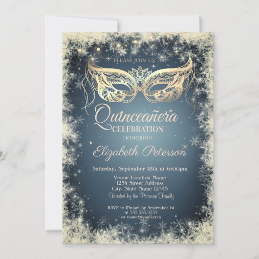 Masquerade, Gold Mask Snowflakes Quinceañera Kaart (Voorkant)