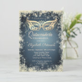 Masquerade, Gold Mask Snowflakes Quinceañera Kaart (Staand voorkant)