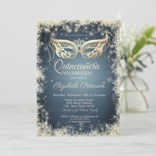 Masquerade, Gold Mask Snowflakes Quinceañera Kaart (Staand voorkant)
