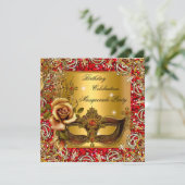 Masquerade Gold Masker Glitter Red Birthday Party Kaart (Staand voorkant)