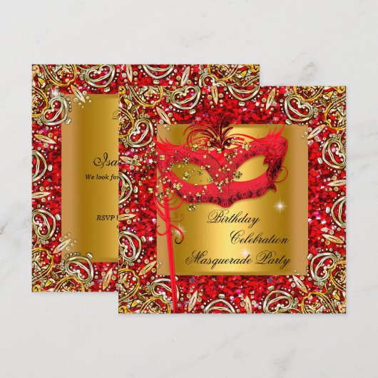 Masquerade Gold Masker Glitter Red Birthday Party  Kaart (Voorkant / Achterkant)