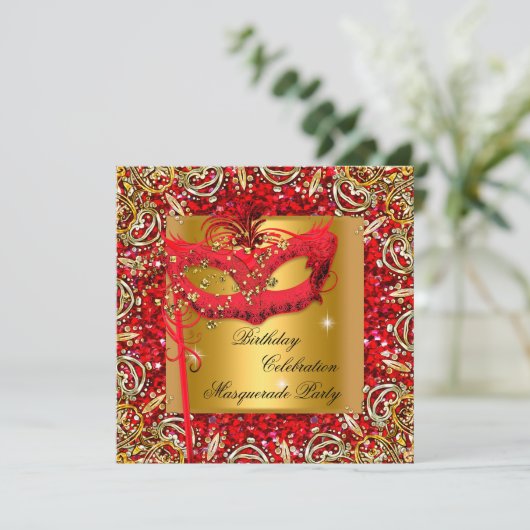 Masquerade Gold Masker Glitter Red Birthday Party  Kaart (Staand voorkant)