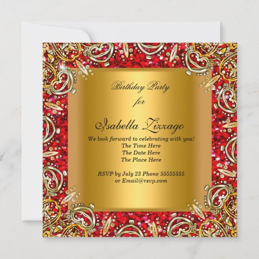 Masquerade Gold Masker Glitter Red Birthday Party  Kaart (Achterkant)