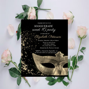 Masquerade Gold Masque Zwart Sweet 16 Uitnodiging Briefkaart