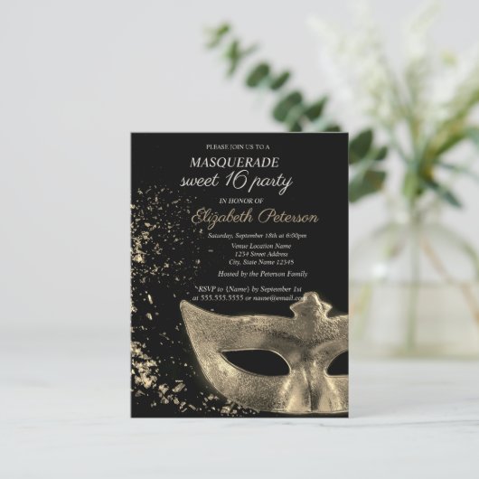 Masquerade Gold Masque Zwart Sweet 16 Uitnodiging Briefkaart (Staand voorkant)