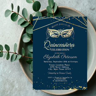 Masquerade, Gold, Navy Blue Quinceañera Kaart
