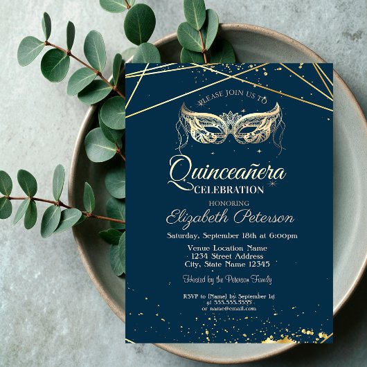 Masquerade, Gold, Navy Blue Quinceañera Kaart