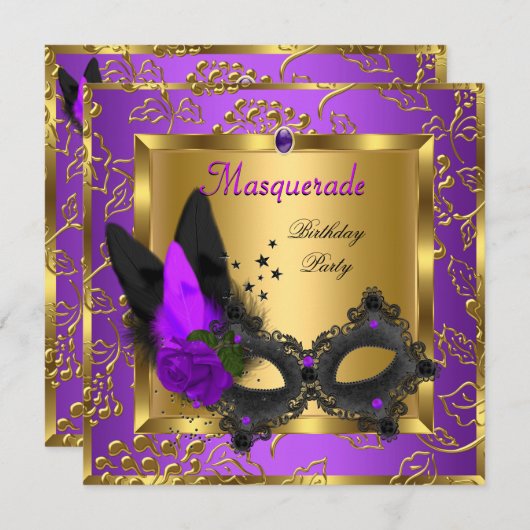 Masquerade Gold Paars Black Birthday Party Kaart (Voorkant / Achterkant)