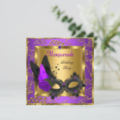 Masquerade Gold Paars Black Birthday Party Kaart (Staand voorkant)