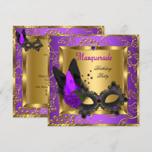 Masquerade Gold Paars Black Birthday Party Kaart