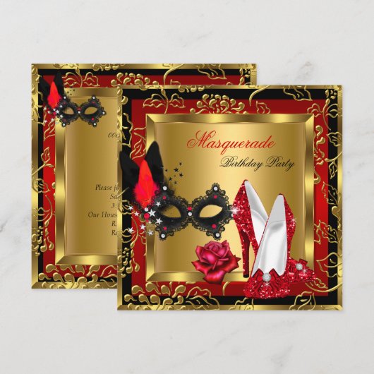 Masquerade Gold Red Black Glitter-masker op hoge h Kaart (Voorkant / Achterkant)