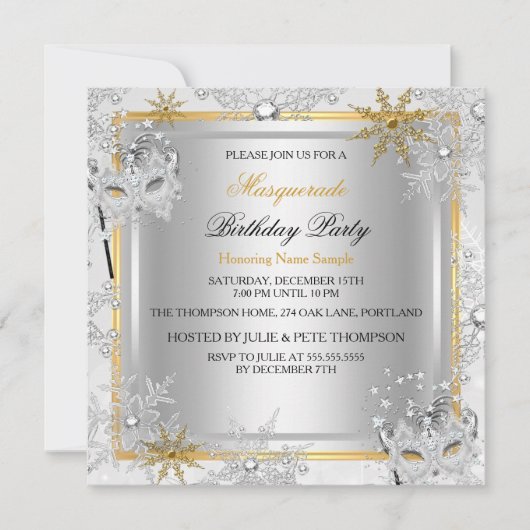 Masquerade Gold Snowflakes Silver Mask Party 2 Kaart (Voorkant)