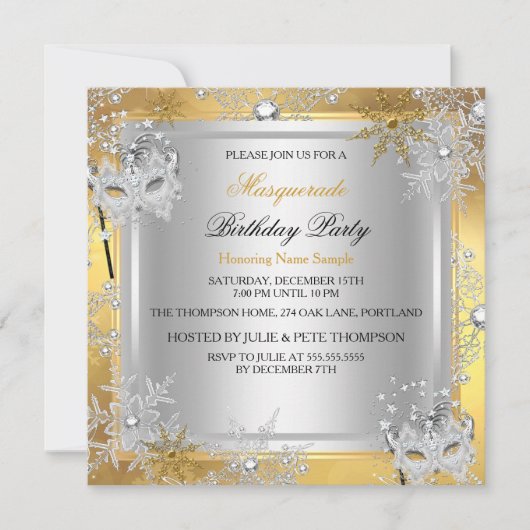 Masquerade Gold Snowflakes Silver Mask Party 3 Kaart (Voorkant)