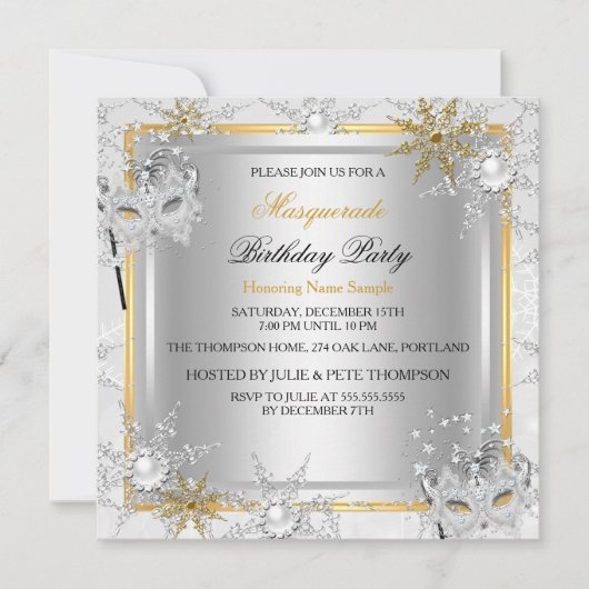 Masquerade Gold Snowflakes Silver Mask Party A Kaart (Voorkant)