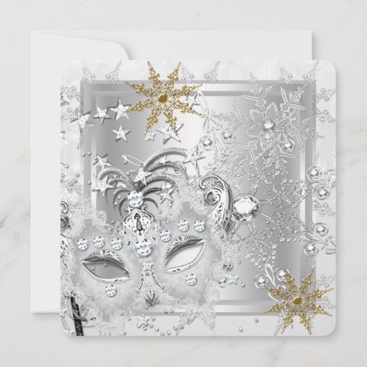 Masquerade Gold Snowflakes Silver Mask Party Kaart (Achterkant)