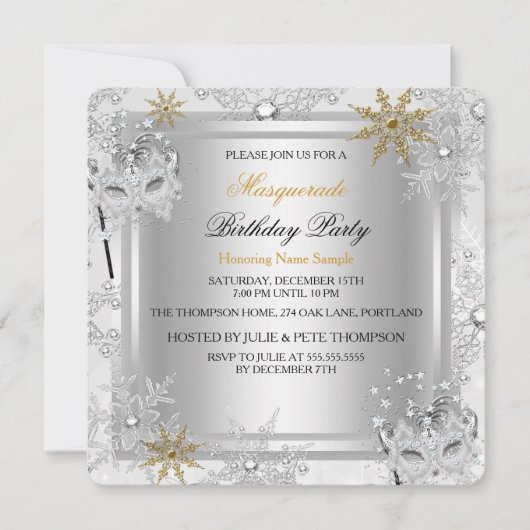 Masquerade Gold Snowflakes Silver Mask Party Kaart (Voorkant)