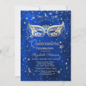 Masquerade,Gold Stars Blue Quinceañera  Kaart (Voorkant)