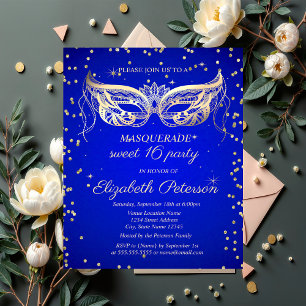 Masquerade Goud Diamanten Koningsblauw Sweet 16 Uitnodiging Briefkaart