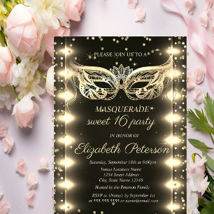 Masquerade Goud Diamanten Lichten Sweet 16  Uitnodiging Briefkaart