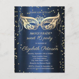 Masquerade Goud Diamanten Marineblauw Sweet 16 Uitnodiging Briefkaart
