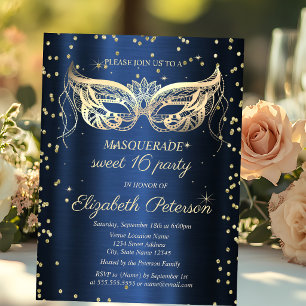 Masquerade Goud Diamanten Marineblauw Sweet 16 Uitnodiging Briefkaart