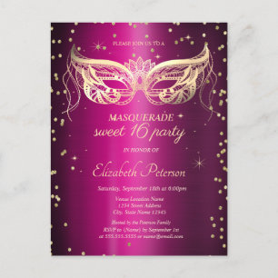 Masquerade Goud Diamanten Paars Metallic Sweet 16 Uitnodiging Briefkaart