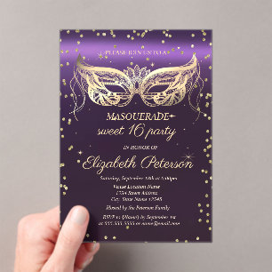 Masquerade Goud Diamanten Paars Sweet 16  Acryl Uitnodigingen