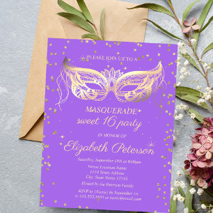 Masquerade Goud Diamanten Paars Sweet 16 Uitnodiging Briefkaart