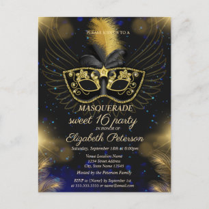Masquerade Goud Glanzend Sweet 16 Uitnodiging Briefkaart
