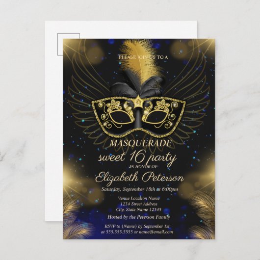 Masquerade Goud Glanzend Zoet 16 Uitnodiging Briefkaart (Voorkant / Achterkant)
