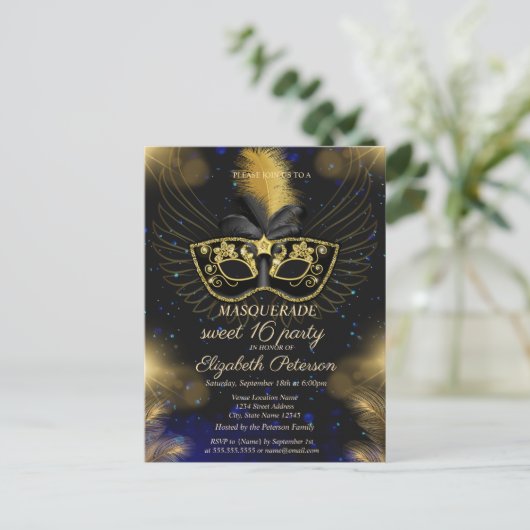 Masquerade Goud Glanzend Zoet 16 Uitnodiging Briefkaart (Staand voorkant)