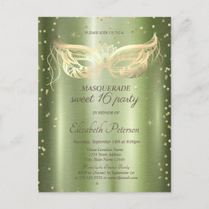 Masquerade Gouden Diamanten Groen Metallic Sweet 1 Uitnodiging Briefkaart