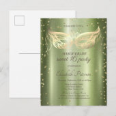 Masquerade Gouden Diamanten Groen Metallic Sweet 1 Uitnodiging Briefkaart (Voorkant / Achterkant)