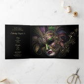 Masquerade Gouden Sterren Quinceanera Feestuitnodi Drieluik Uitnodiging (Binnen)
