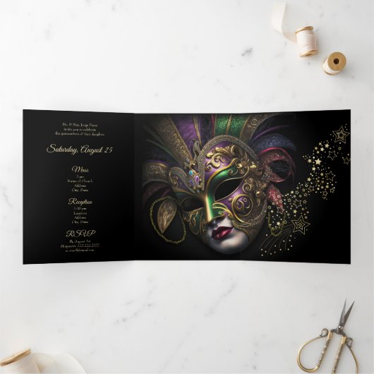 Masquerade Gouden Sterren Quinceanera Feestuitnodi Drieluik Uitnodiging (Binnen)