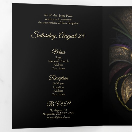 Masquerade Gouden Sterren Quinceanera Feestuitnodi Drieluik Uitnodiging (Binnenzijde eerst)